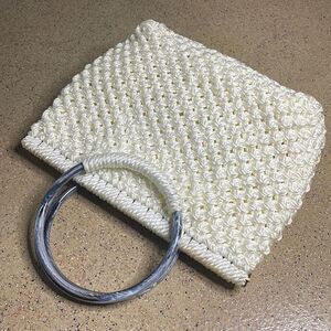 Vintage 70s Macrame Frame Handbag Tote with Lucite Handles Off White